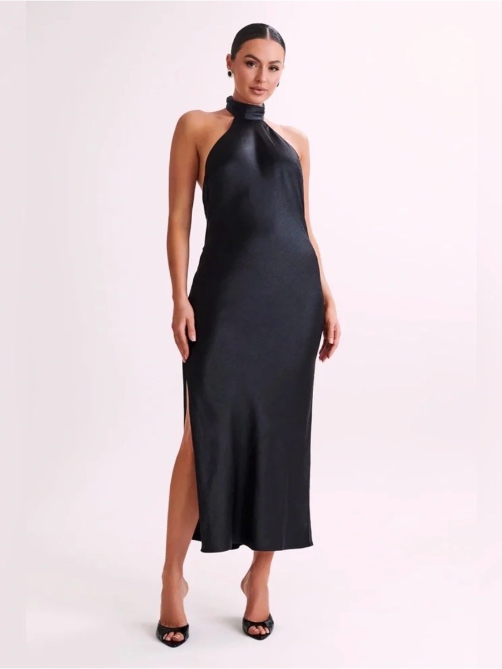 MESHKI Paulette Satin Maxi Dress With Bow in Black Size Large New